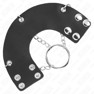 Anello pene in metallo e pelle con catena, controllo e piacere
